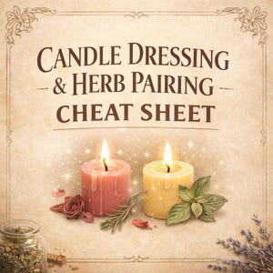 May include: A candle dressing and herb pairing cheat sheet with two lit candles, one pink and one yellow, with herbs and rose petals. The text "CANDLE DRESSING & HERB PAIRING - CHEAT SHEET" is at the top of the image.
