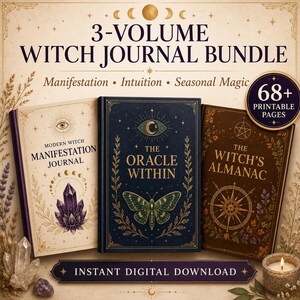 May include: A 3-volume journal bundle featuring The Modern Witch Manifestation Journal in cream, The Oracle Within in dark blue, and The Witch's Almanac in brown. Each book displays gold celestial graphics, text, and 68+ printable pages.