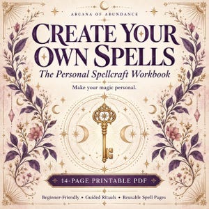 Può includere: Un quaderno di esercizi in PDF stampabile di 14 pagine intitolato Arcana of Abundance Create Your Own Spells The Personal Spellcraft Workbook. La copertina presenta un'illustrazione di una chiave dorata, fasi lunari e viti floreali viola.