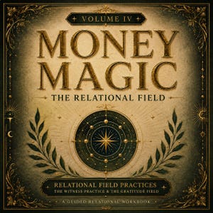 Puede incluir: Portada de libro con el título "MONEY MAGIC" en letras doradas. El subtítulo es "THE RELATIONAL FIELD". La portada presenta un diseño de brújula, elementos botánicos y el texto "VOLUME IV". Es un "GUIDED RELATIONAL WORKBOOK".