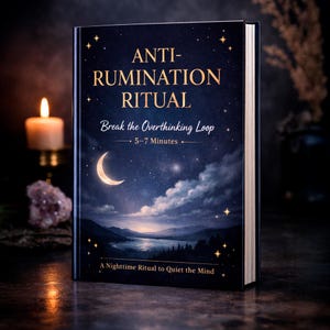 May include: A hardcover book titled "ANTI-RUMINATION RITUAL" with a night sky design. The cover features a crescent moon, stars, and text: "Break the Overthinking Loop" and "5-7 Minutes". The book's theme is a nighttime ritual.