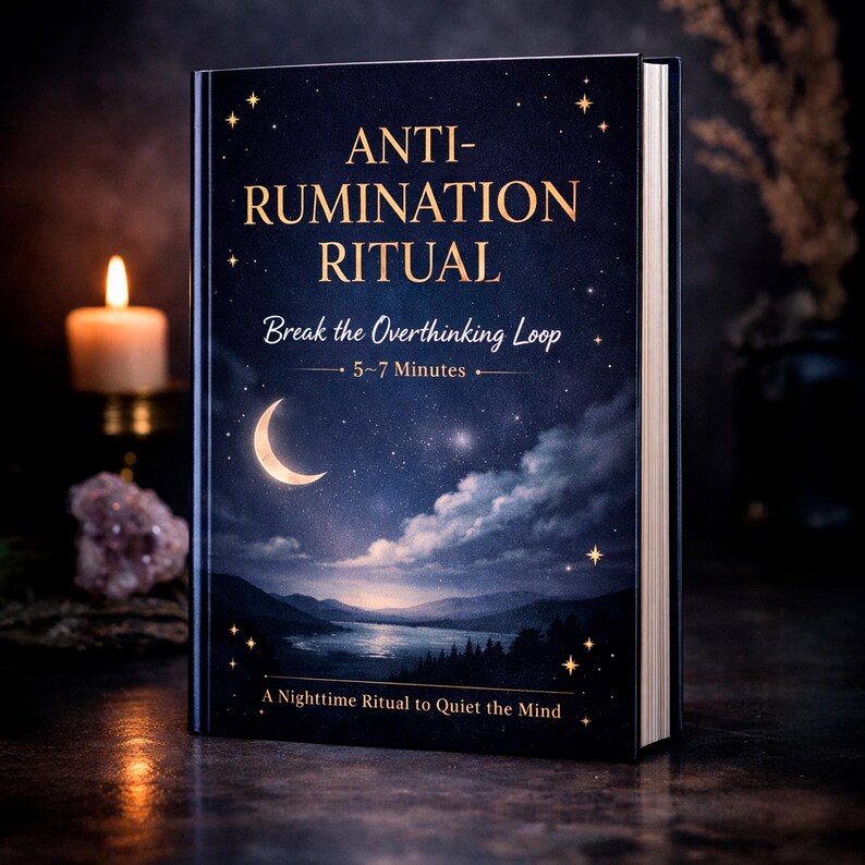 May include: A hardback book with the title "ANTI-RUMINATION RITUAL" on the cover, set against a night sky illustration. The cover text includes "Break the Overthinking Loop" and "5-7 Minutes". The book's theme is a nighttime ritual.
