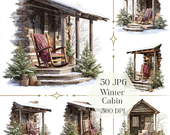 Winter Cabin Clipart JPG, Cozy Log Cabin Porch, Snowy Rustic Holiday Illustration Instant Download