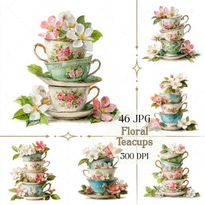 Puede incluir: Imagen de acuarela de tazas de té florales apiladas en varios colores, incluyendo rosa, azul y verde. Cada taza de té está decorada con patrones florales y acompañada de platillos a juego. La imagen incluye el texto "46 JPG Floral Teacups 300 DPI."