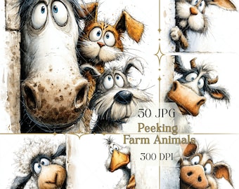 Whimsical Peeking Farm Animals JPG Bundle, Funny Clipart of Cow, Pig & Chicken, Digital Download