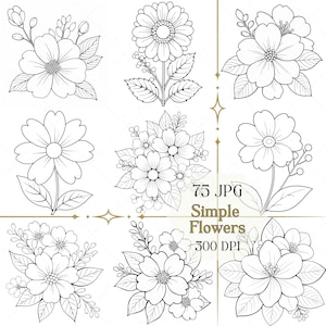 May include: Black and white line art of nine simple flower illustrations. The image includes various floral arrangements, including single blooms and bouquets, with detailed petals and leaves. Text in the image reads "75 JPG Simple Flowers 300 DPI."