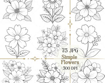 Semplici pagine da colorare floreali stampabili in formato JPG, libro da colorare di fiori facile in formato PDF, download immediato