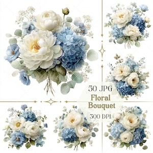Pode incluir: Uma coleção digital de ilustrações de buquês florais com peônias brancas, hortênsias azuis e folhas de eucalipto verdes. A imagem inclui o texto 50 JPG Floral Bouquet 300 DPI. Estes arranjos exibem várias combinações de flores azuis e brancas.