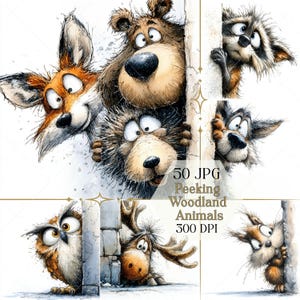 Puede incluir: Ilustración en acuarela con una colección de animales del bosque asomándose. La imagen incluye un zorro, un oso, un erizo, un mapache, un lobo, un búho, un alce y una ardilla. El texto dice "50 JPG Peeking Woodland Animals 300 DPI".