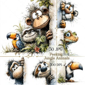 Op de afbeelding: Waterverfillustratie van glurende jungle dieren, waaronder een aap, een toekan, een tijger, een luiaard en een hagedis. De afbeelding bevat de tekst "50 JPG Peeking Jungle Animals 300 DPI."