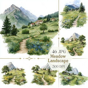 May include: Watercolor illustrations of a meadow landscape with a path winding through green grass, wildflowers, and trees. Mountains and houses are in the background. The text "46 JPG Meadow Landscape 300 DPI" is in the center.