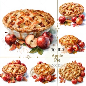 Könnte beinhalten: Eine Sammlung von Aquarell-Illustrationen mit Apfelkuchen mit goldbrauner Gitterkruste, ganzen roten Äpfeln, Apfelscheiben und Herbstblättern. Der Text 50 JPG Apple Pie 300 DPI ist in der Mitte des Bildes deutlich zu erkennen.