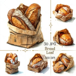 May include: Watercolor illustration of various bread loaves in brown paper bags. The image features several loaves with golden-brown crusts and a light dusting of flour, showcasing a rustic bakery theme.