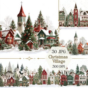 Elegant julby Clipart JPG, snöig vinterstad och mysiga semesterhuskonst