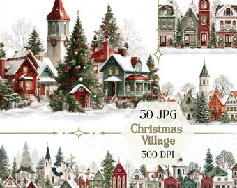 Elegante pueblo navideño (JPG), pueblo nevado de invierno y acogedoras casas navideñas.