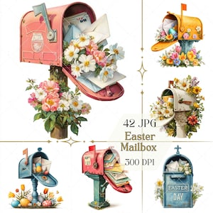 May include: A collection of watercolor illustrations featuring Easter mailboxes overflowing with flowers and letters. The mailboxes are in various colors, including pink, yellow, blue, and white, with floral arrangements and Easter eggs. Text on the image reads "42 JPG Easter Mailbox 300 DPI."