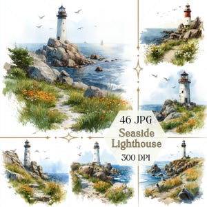 Può includere: Illustrazioni ad acquerello di fari sul mare. Ogni immagine presenta un faro su una costa rocciosa con un sentiero, l'oceano e gabbiani. Il testo "46 JPG Seaside Lighthouse 300 DPI" è incluso.