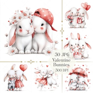 May include: Watercolor illustrations of Valentine's Day bunnies. The bunnies are white with pink accents, some wearing hats and holding gifts. The image includes text that reads "50 JPG Valentine Bunnies 300 DPI."