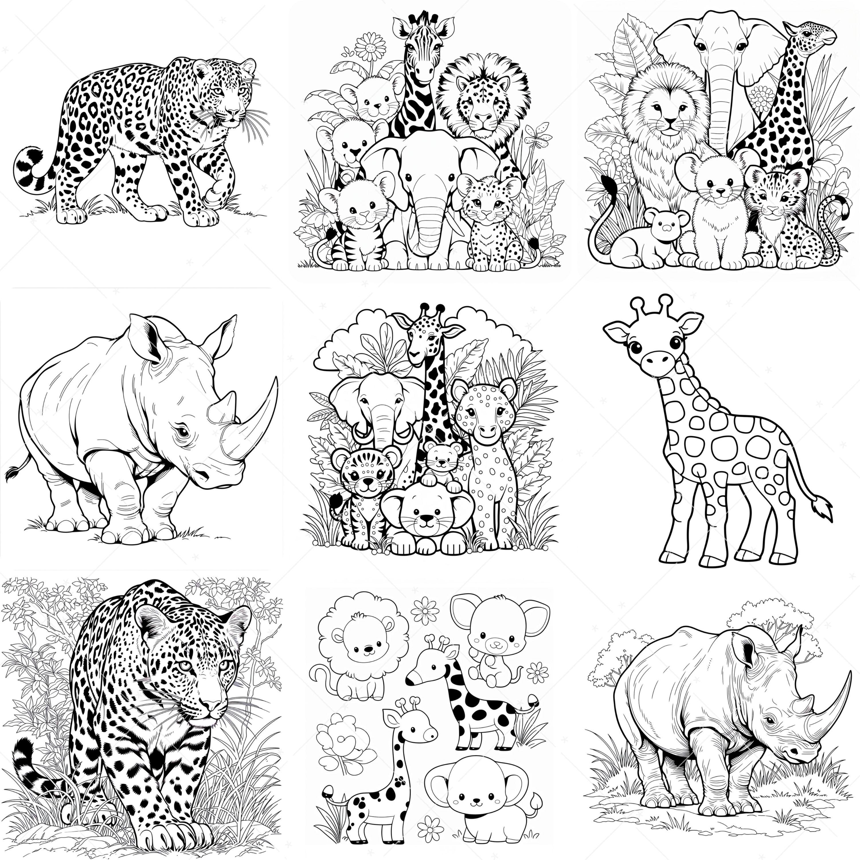 Safari Animals Coloring Pages JPG, Fun Kids Printable Book, Easy Jungle ...