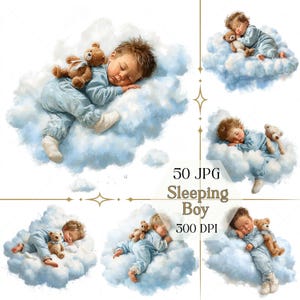 Può includere: Illustrazione digitale di un bambino addormentato in pigiama azzurro chiaro, appoggiato su una nuvola con un orsacchiotto. L'immagine è etichettata "50 JPG Sleeping Boy 300 DPI."