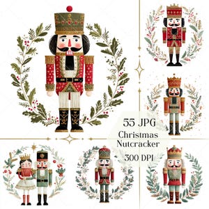 May include: Digital illustrations of Christmas nutcrackers in various poses, surrounded by wreaths. The nutcrackers are in red, green, and gold, with detailed uniforms and expressions. The image includes the text "55 JPG Christmas Nutcracker 300 DPI".