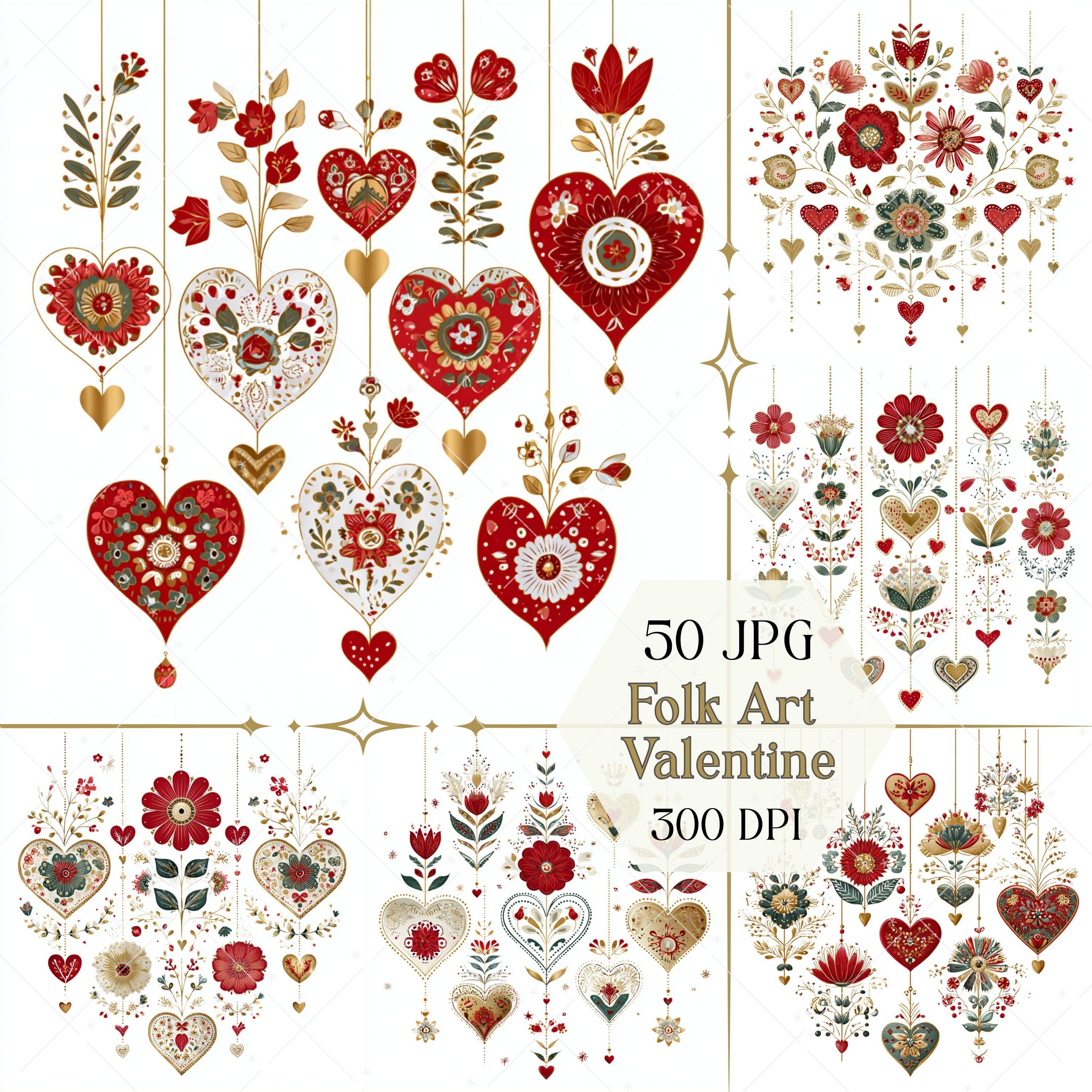Scandinavian Folk Art Valentine Clipart JPG, Nordic Hearts and Floral ...