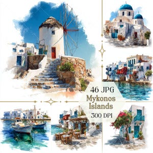 May include: Watercolour illustrations of Mykonos, Greece, showcasing white buildings with blue accents, windmills, churches with blue domes, and boats on the water. The text "46 JPG Mykonos Islands 300 DPI" is included.