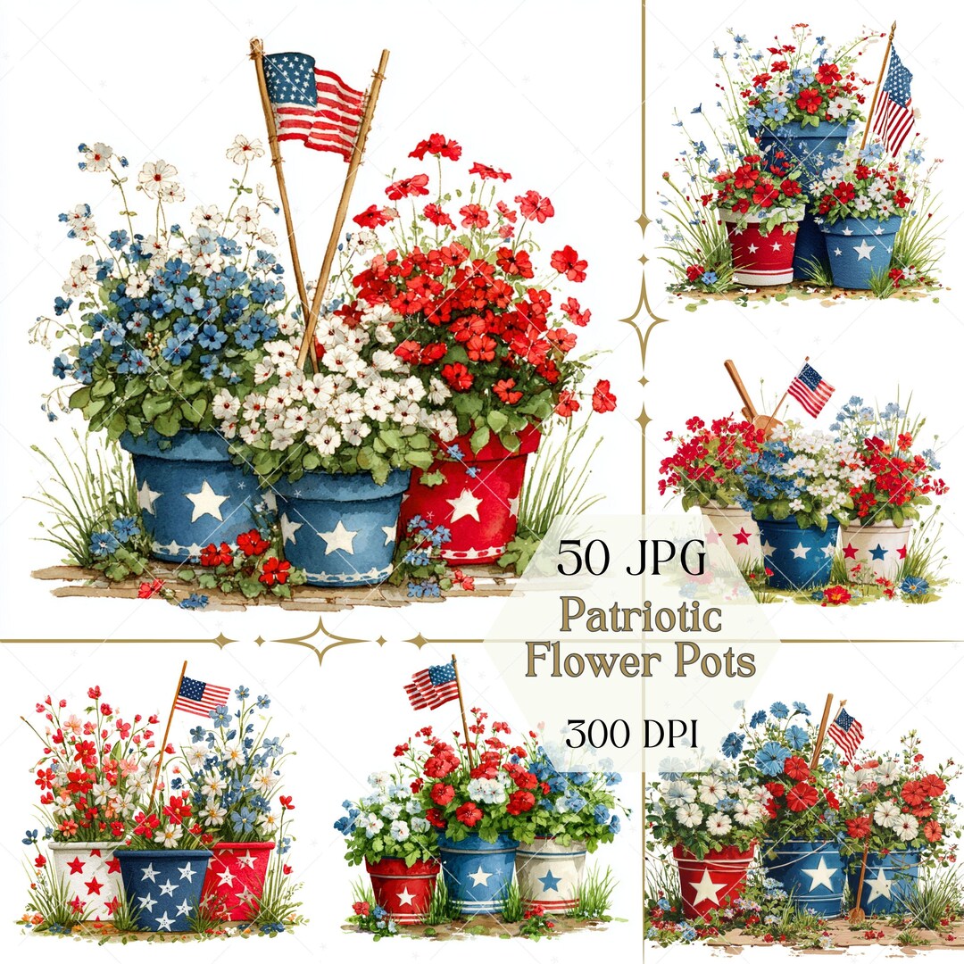 Patriotic Flower Pots Clipart JPG, Red White Blue Floral Arrangement ...
