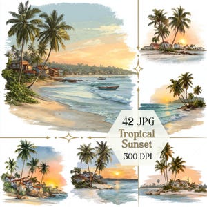 Puede incluir: Una colección de pinturas de acuarela que representan escenas de playa tropicales al atardecer. Se presentan palmeras, botes y pequeñas casas sobre un fondo de cielo colorido. Se incluye el texto "42 JPG Tropical Sunset 300 DPI".