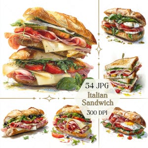 Könnte beinhalten: Aquarellillustration verschiedener italienischer Sandwiches. Das Bild zeigt Sandwiches mit Schichten aus Fleisch, Käse, Tomaten und Grünzeug auf verschiedenen Brotsorten. Der Text "54 JPG Italian Sandwich 300 DPI" ist ebenfalls sichtbar.