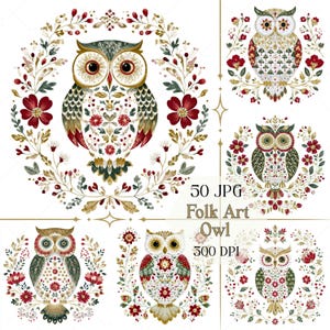 May include: A collection of five folk art owl illustrations. Each owl is intricately designed with floral patterns and surrounded by a wreath of flowers and foliage. The color palette includes red, green, gold, and white, creating a decorative and detailed design.
