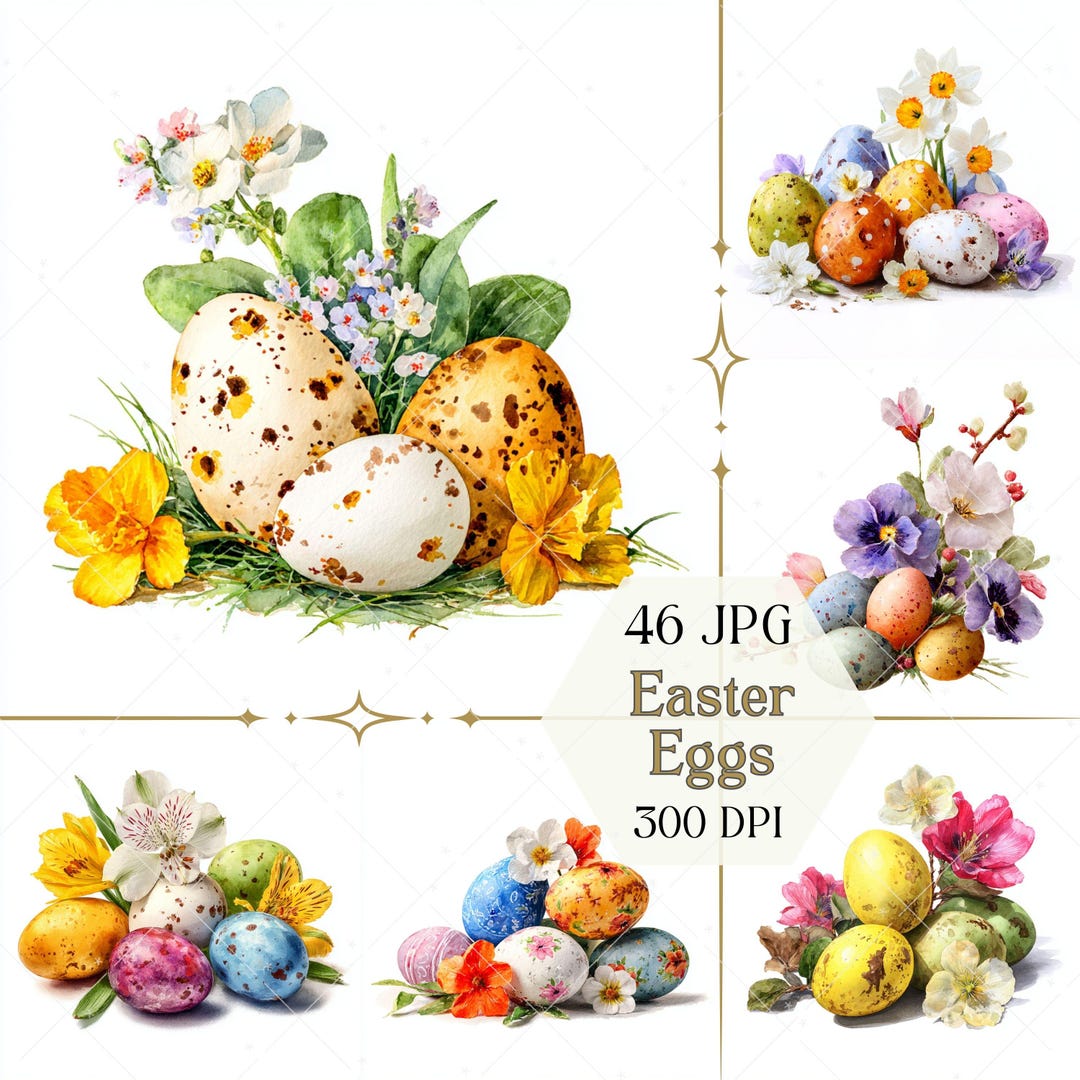 Watercolor Easter Eggs and Flowers Clipart JPG, Pastel Floral ...