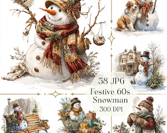 Festive 60s Snowman Clipart JPG, Vintage Christmas Art, Retro Winter Graphics Printable Instant Download