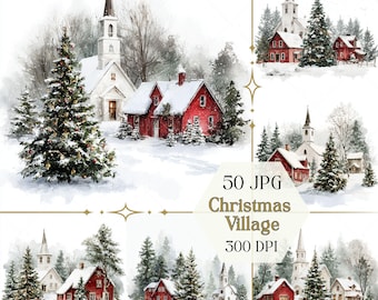 Clipart del villaggio di Natale JPG, arte cittadina invernale, case innevate e scena della chiesa