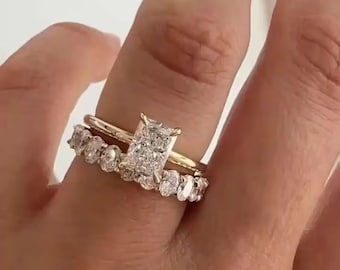 Conjunto de anillo de compromiso de moissanita radiante de 2 quilates, anillo solitario radiante de oro de 14 quilates, alianza ovalada de media eternidad, conjunto de anillos de boda de regalo