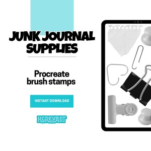 Pode incluir: Suprimentos digitais para junk journal exibidos em um tablet. A imagem inclui vários itens de papelaria, como clipes de papel, clipes de encadernação, tachinhas e um pedaço de papel rasgado. O texto diz "Junk Journal Supplies" e "Procreate brush stamps".