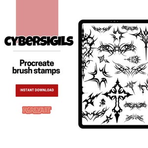 Może przedstawiać: Produkt sztuki cyfrowej wyświetlany na tablecie. Obraz przedstawia czarne stemple pędzli w stylu plemiennym dla Procreate, z tekstem "CYBERSIGILS" i "Procreate brush stamps". Czerwony przycisk głosi "INSTANT DOWNLOAD".