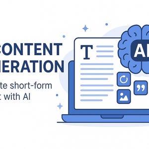 May include: Illustration of a blue laptop with the text "AI CONTENT GENERATION". A brain graphic with "AI" is on the screen. The text "Generate short-form content with AI" is below the main text.
