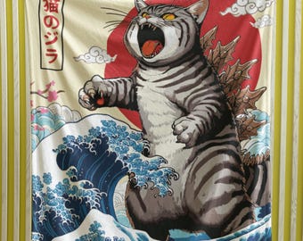Catzilla Blanket Funny Japanese Art Gift for Kitty Lovers