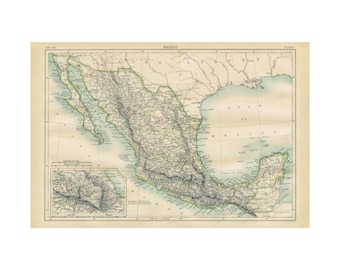 Antique Mexico Map Print | Vintage Physical Political Mexico Map Poster Print