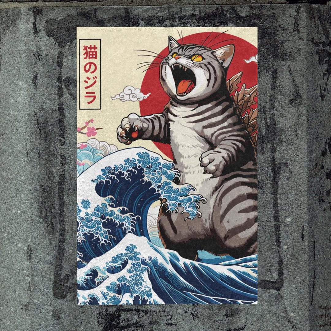 Catzilla Poster | Japanese Wave Cat Art, Retro Kaiju Print - Etsy