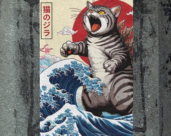 Catzilla Poster | Japanese Wave Cat Art, Retro Kaiju Print