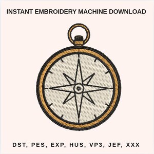 May include: A digital embroidery design featuring a compass rose. The design is circular with a gold-colored border and a detailed star pattern in the center. The text "INSTANT EMBROIDERY MACHINE DOWNLOAD" is at the top.