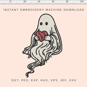 May include: An embroidered design of a friendly ghost holding a red heart. The ghost is white with black eyes and a flowing, textured appearance. Text at the top reads "INSTANT EMBROIDERY MACHINE DOWNLOAD". Below are embroidery file formats.