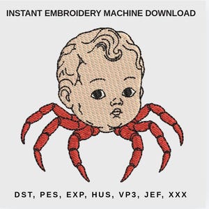 Op de afbeelding: Een borduurontwerp met een poppenhoofd met een lichte huid en krullend haar, bevestigd aan het lichaam van een rode krab met acht poten. De tekst INSTANT EMBROIDERY MACHINE DOWNLOAD en de bestandsformaten DST, PES, EXP, HUS, VP3, JEF, XXX zijn zichtbaar.