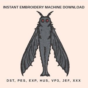 Puede incluir: Un diseño de bordado que presenta una polilla estilizada con grandes alas y ojos rojos. El diseño es en tonos grises y negros, con el texto "INSTANT EMBROIDERY MACHINE DOWNLOAD" en la parte superior. Debajo hay formatos de archivos de bordado.