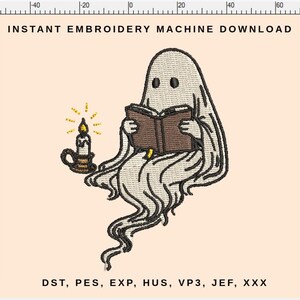 May include: An embroidery design of a cartoon ghost reading a book and holding a candle. The ghost is white with black eyes and is holding a brown book. The candle is yellow and in a brown holder. Text at the top says "INSTANT EMBROIDERY MACHINE DOWNLOAD".
