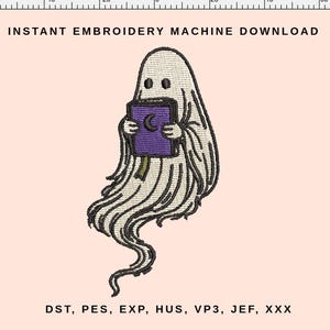 May include: An embroidery design of a white ghost holding a purple book with a crescent moon. The ghost has black outlines and details. The text "INSTANT EMBROIDERY MACHINE DOWNLOAD" is at the top of the image.