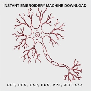 Puede incluir: Un diseño de bordado digital de una neurona con textura de hilo rojo oscuro. El texto INSTANT EMBROIDERY MACHINE DOWNLOAD aparece en la parte superior y los formatos DST, PES, EXP, HUS, VP3, JEF, XXX figuran en la parte inferior.
