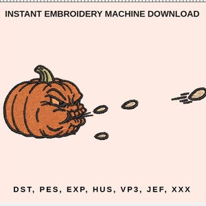Puede incluir: Diseño bordado de una calabaza naranja enojada soplando semillas. La imagen incluye el texto "INSTANT EMBROIDERY MACHINE DOWNLOAD" en la parte superior y formatos de archivo en la parte inferior.